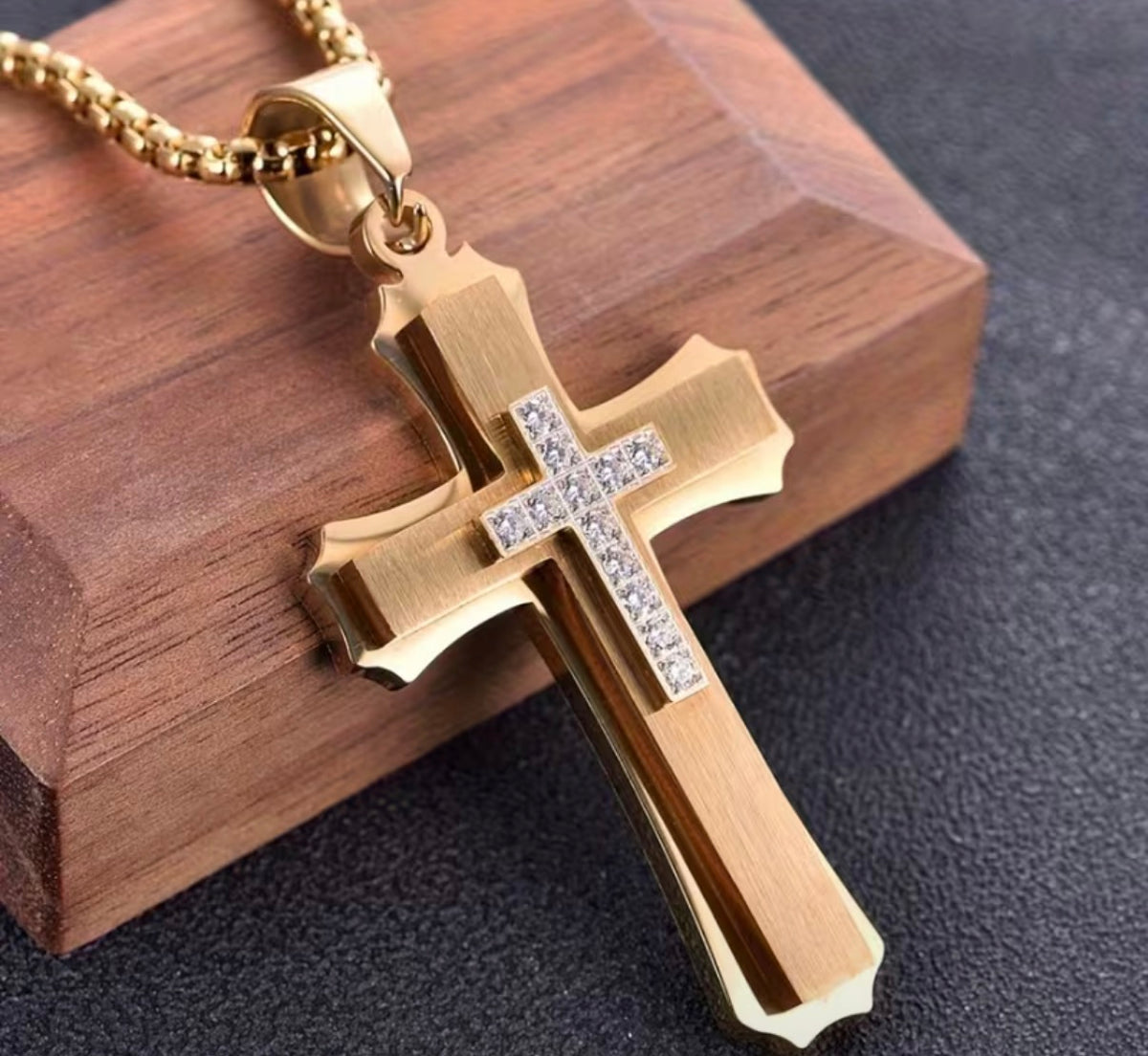 Men's Stainless Steel 3D Cubic Zirconia Cross Necklace