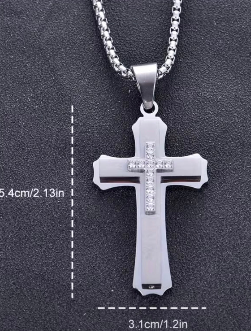 Men's Stainless Steel 3D Cubic Zirconia Cross Necklace