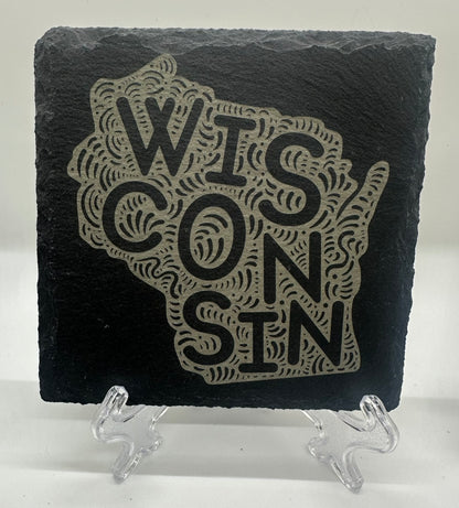 Custom Engraved State Slate Coaster Set with Holder