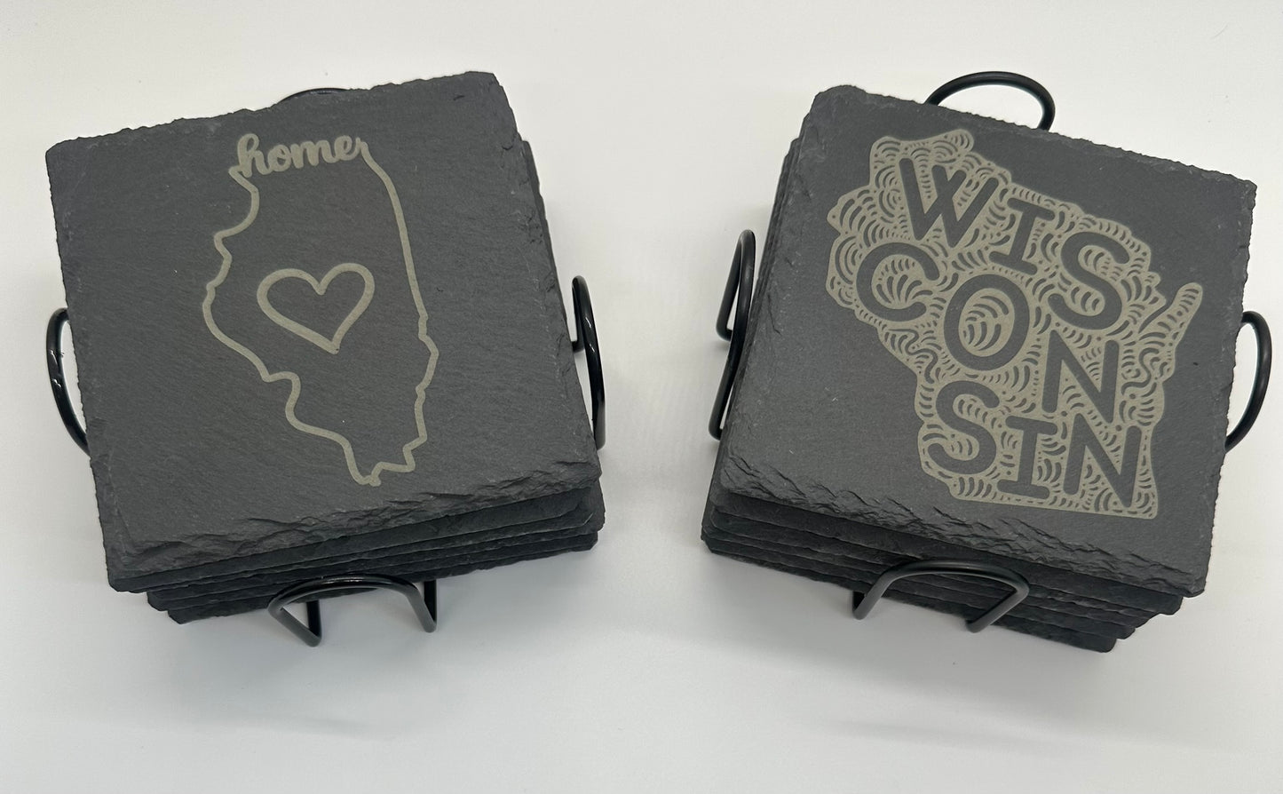 Custom Engraved State Slate Coaster Set with Holder