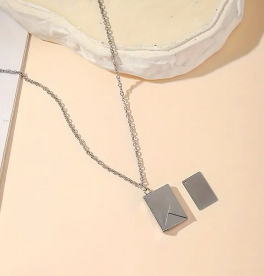 Silver Custom Engraved Stainless Steel Envelope with Letter Necklace