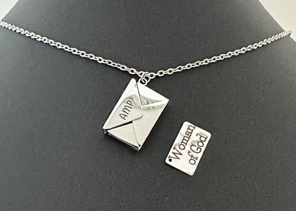 Silver Custom Engraved Stainless Steel Envelope with Letter Necklace