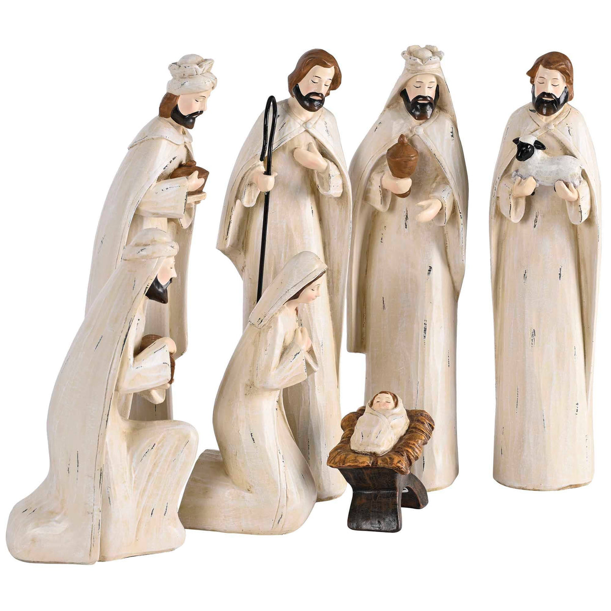 White Carved Wood 7 Piece Nativity 11"H