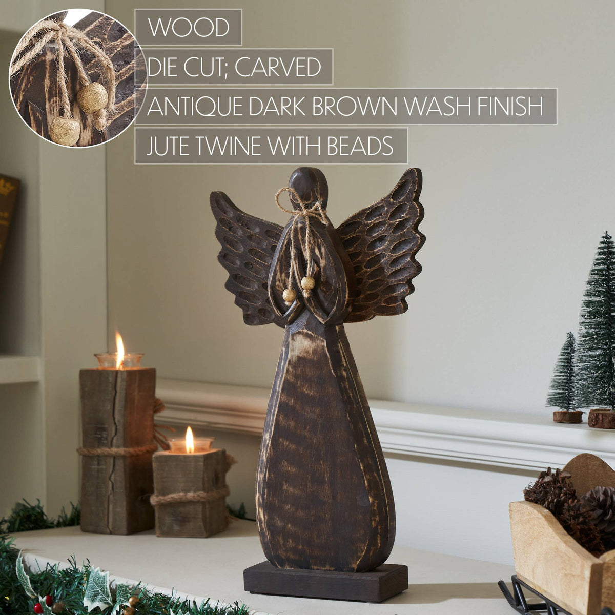 Primitive Carved Wood Angel Figurine with Twine Bow