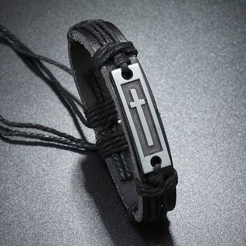 Retro Black PU Leather Cross Bracelet