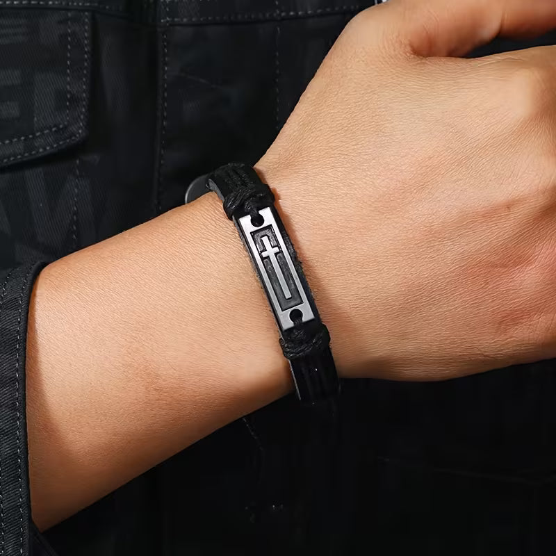 Retro Black PU Leather Cross Bracelet