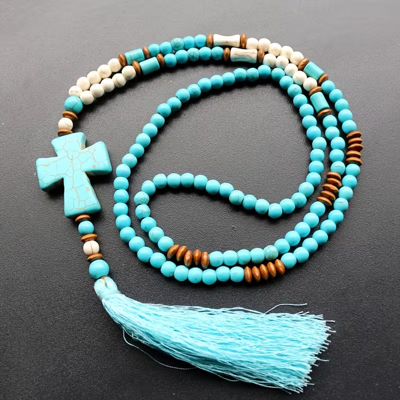Bohemian Stone Cross Fringe Necklace