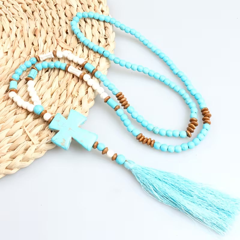 Bohemian Stone Cross Fringe Necklace