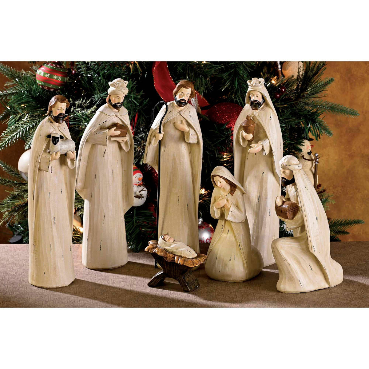 White Carved Wood 7 Piece Nativity 11"H