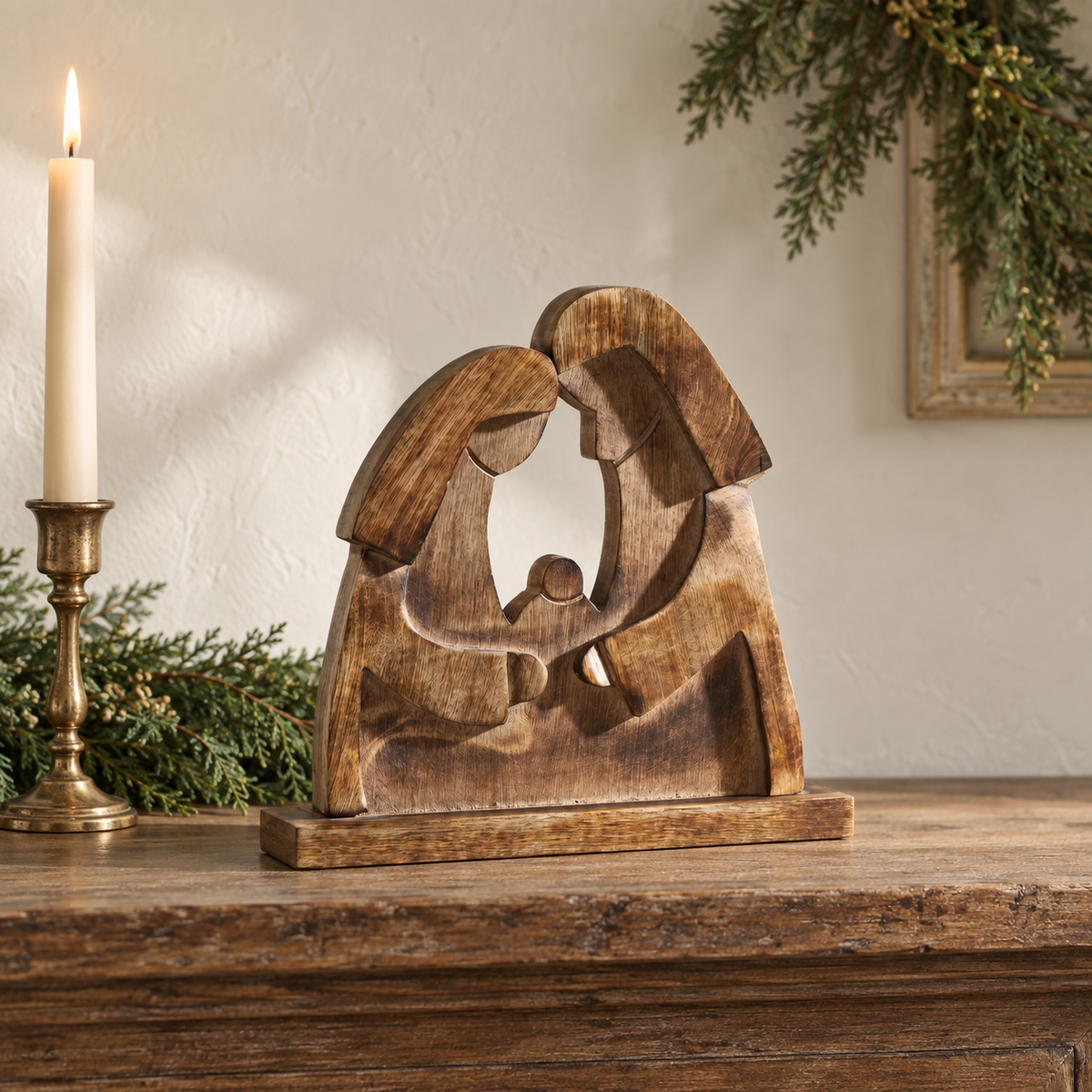 Wooden Nativity Scene with Mary, Joseph & Baby Jesus 12"