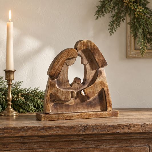 Wooden Nativity Scene with Mary, Joseph & Baby Jesus 12"