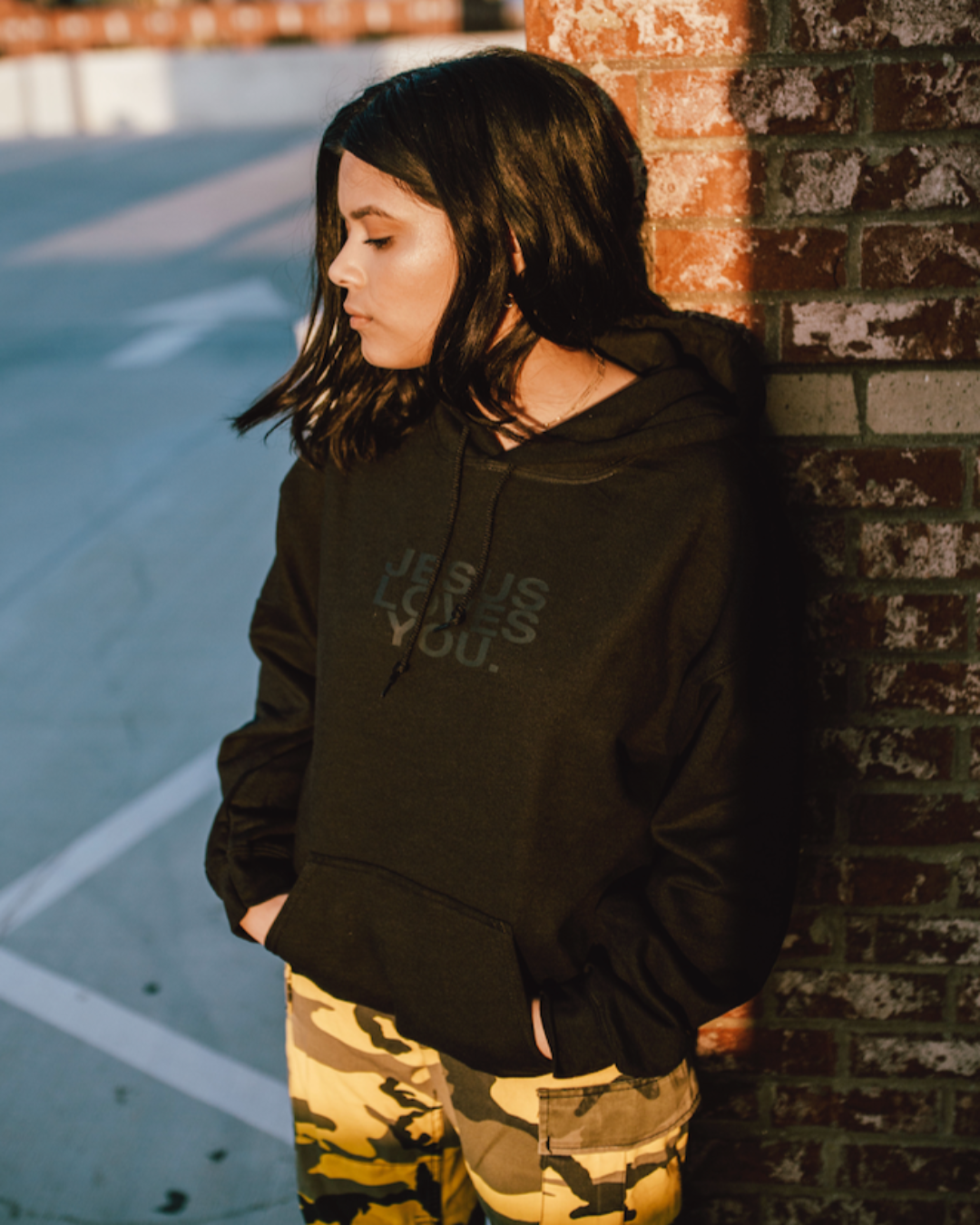 3-D Puff "Jesus Loves You" Print Black Hoodie