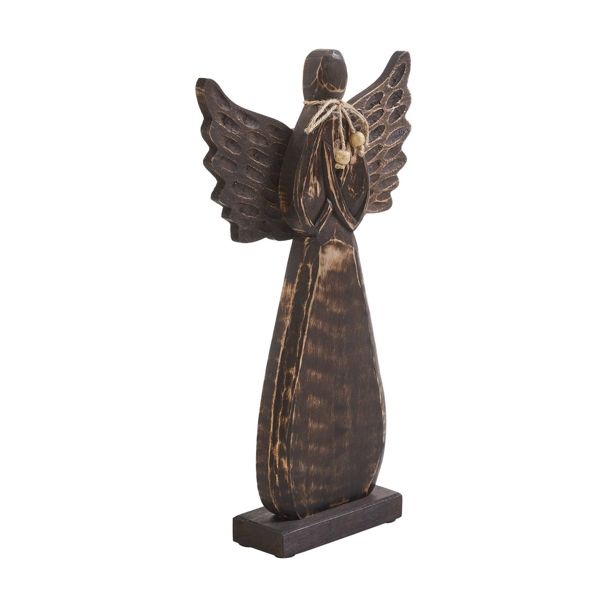 Primitive Carved Wood Angel Figurine with Twine Bow