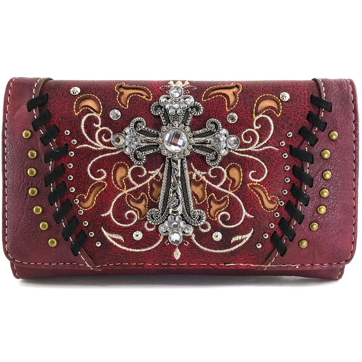 Embellished Cross Vegan Leather Crossbody Clutch Wallet