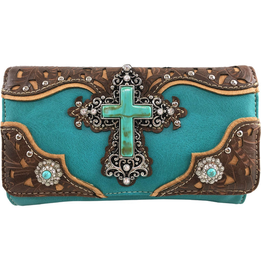 Embellished Cross Vegan Leather Crossbody Clutch Wallet