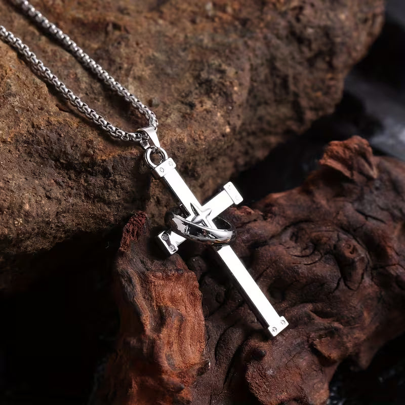 Men's Stainless Steel Cross with Ring Necklace