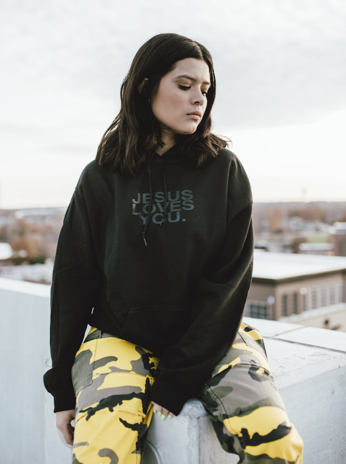 3-D Puff "Jesus Loves You" Print Black Hoodie