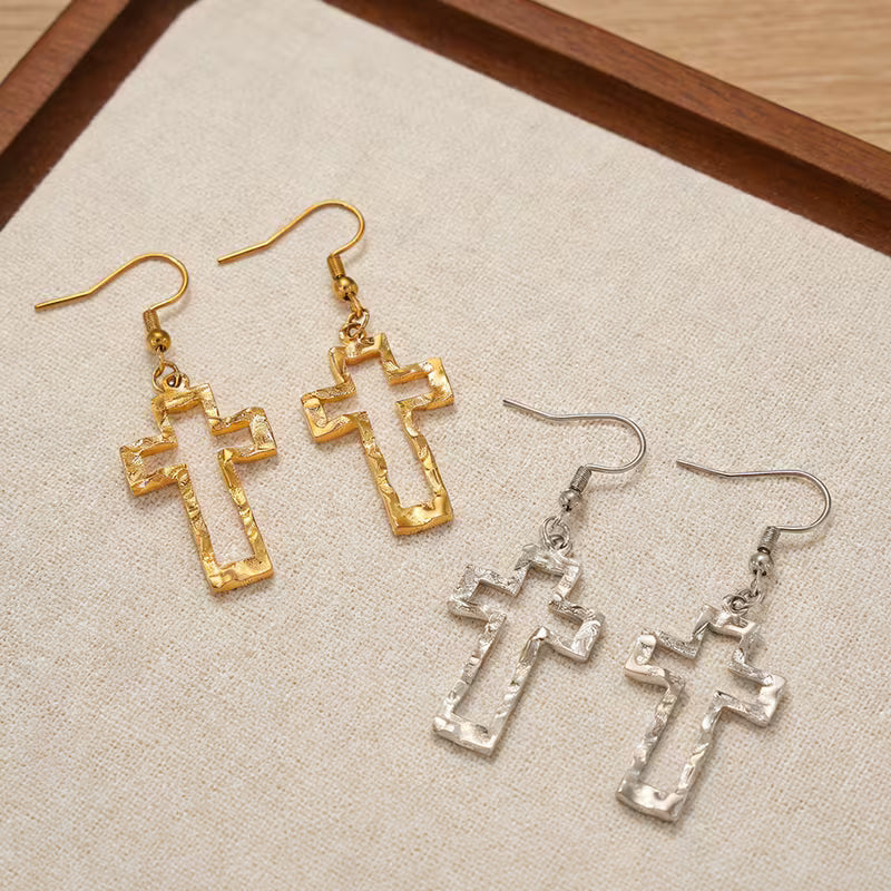 Stamped Stainless Steel Hollow Cross Earrings