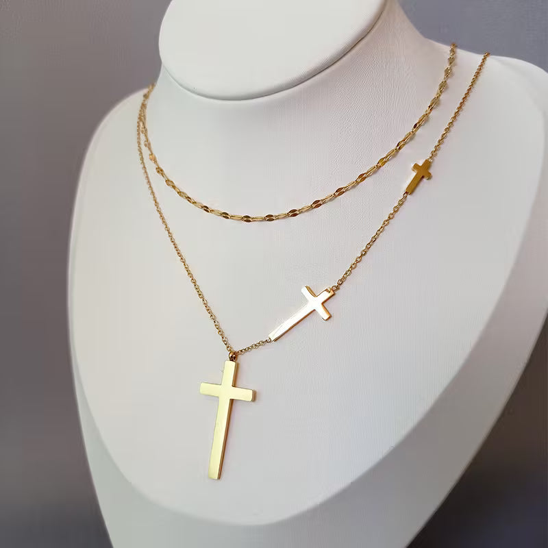 Elegant Stainless Steel Layered Cross Necklace