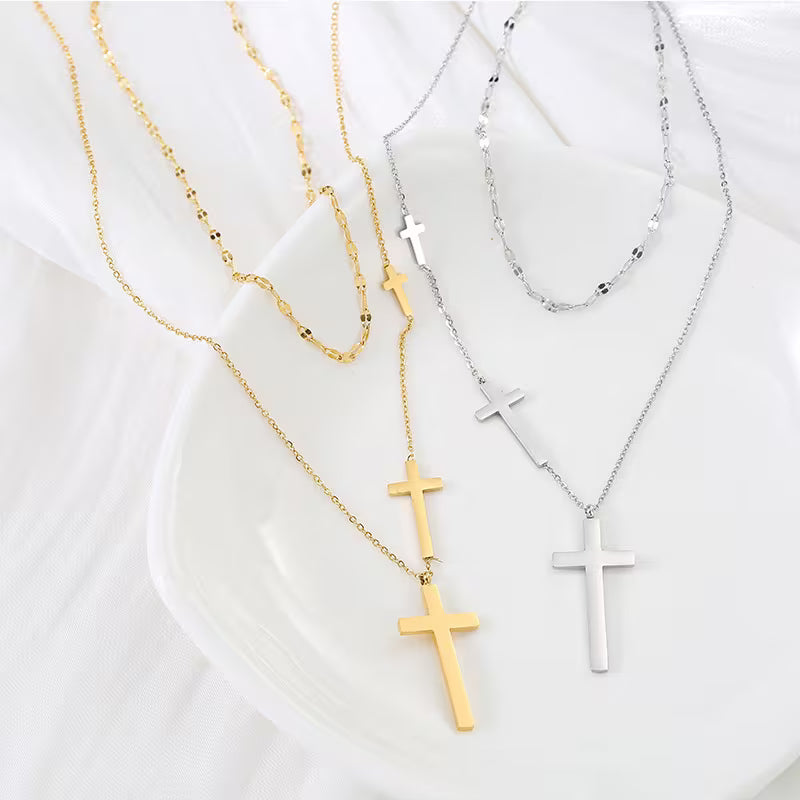 Elegant Stainless Steel Layered Cross Necklace