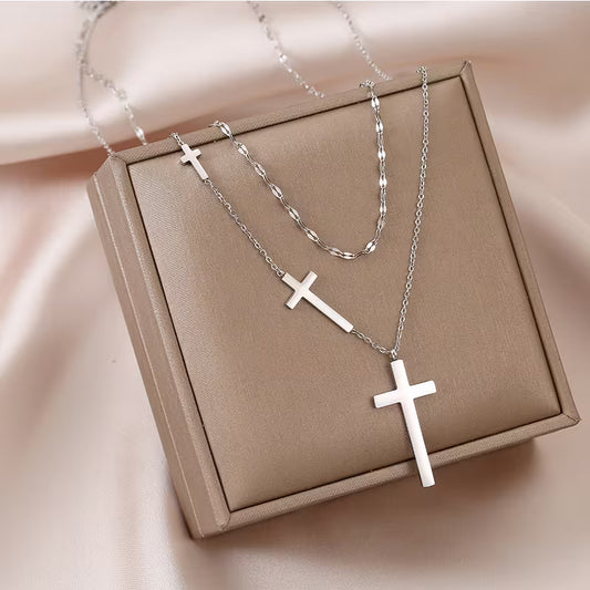 Elegant Stainless Steel Layered Cross Necklace