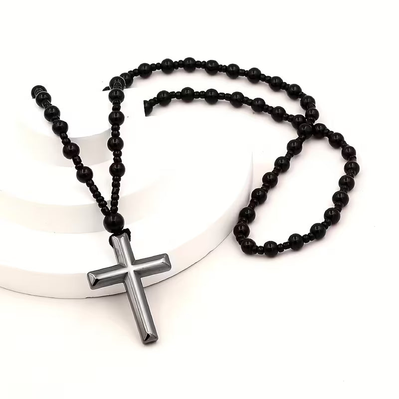 Black Onyx Bead Rosary Necklace