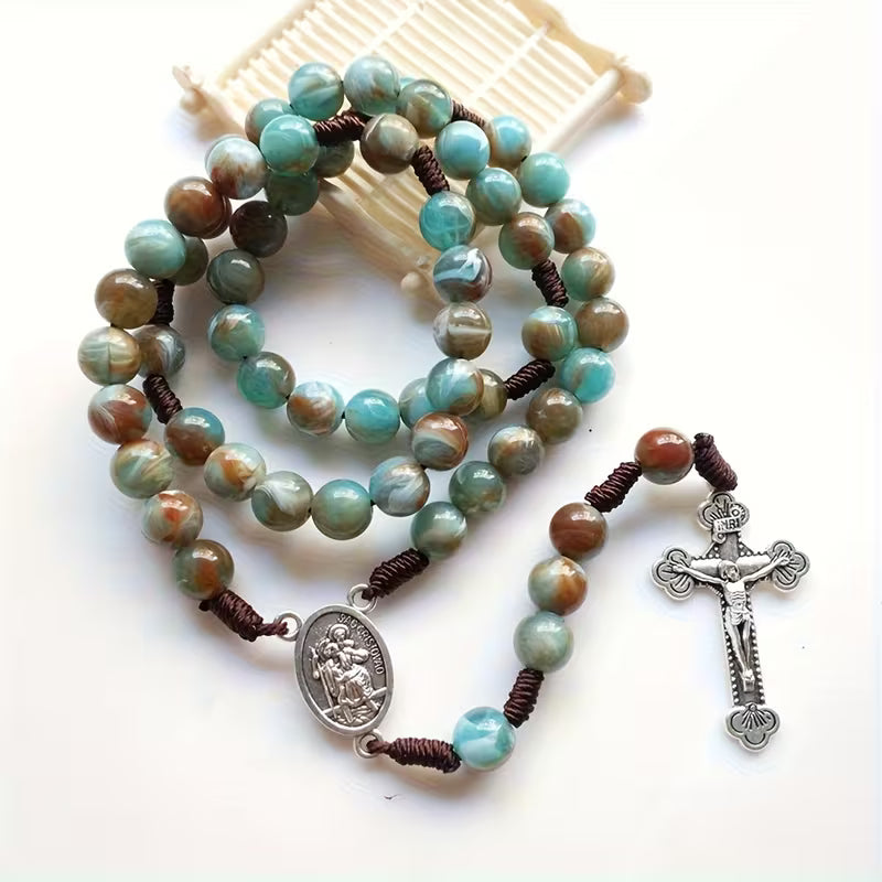Vintage Blue & Green Beaded Catholic Rosary Necklace