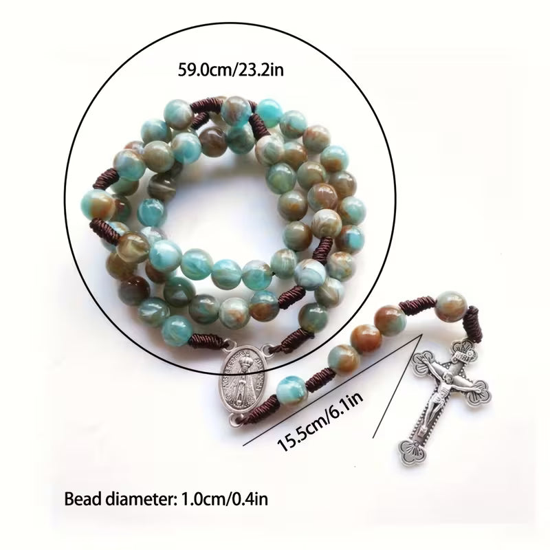 Vintage Blue & Green Beaded Catholic Rosary Necklace