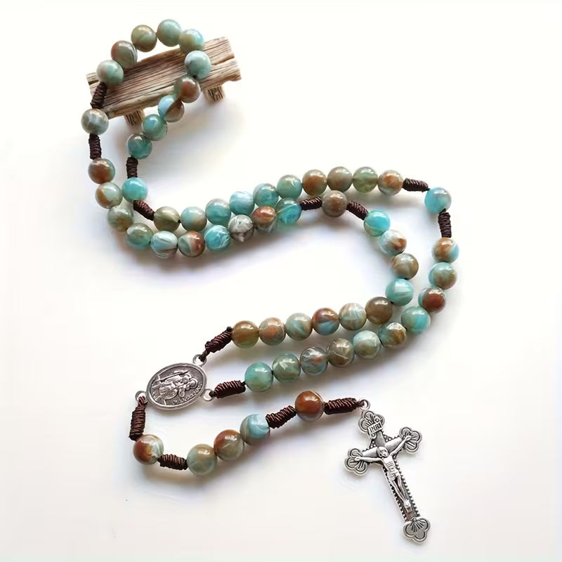 Vintage Blue & Green Beaded Catholic Rosary Necklace