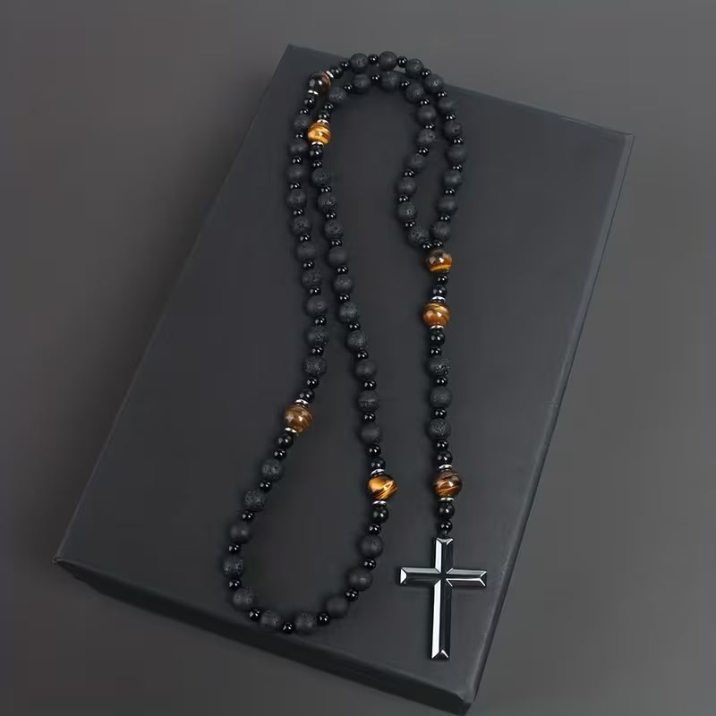 Vintage Black Natural Stone Tiger Eye Bead Rosary